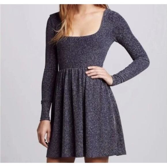 Free People Dresses & Skirts - Free People Dark Blue Glitter Long Sleeve Mini Dress Scoop Sz S
